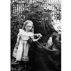 Spooky Creepy Young Girl With Ghost Caught On Camera Vintage Photo Skeleton Dead Woman Demons Halloween Old Photograph Image 89B