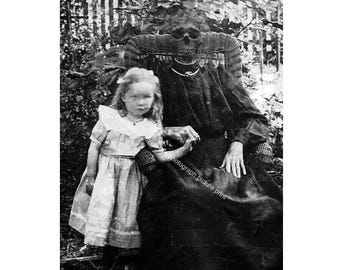 Spooky Creepy Young Girl With Ghost Caught On Camera Vintage Photo Skeleton Dead Woman Demons Halloween Old Photograph Image 89B