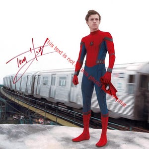 May include: A person in a red and blue superhero costume, standing on a rooftop with a blurred train in the background. The costume has a red upper body and boots, with blue pants and sleeves. The image includes a signature and text that says "This text is not photo print".