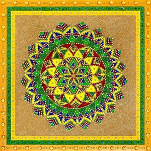 May include: A colourful mandala design with intricate patterns and geometric shapes. The mandala is made up of various colours, including red, green, blue, yellow, and white. The background is a light brown colour.