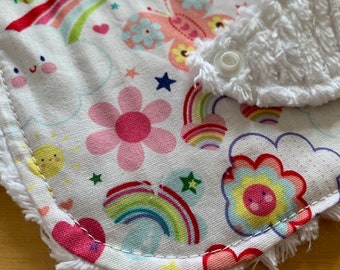 Chenille Backed Baby Girl Bib, Snap Closure, Rainbow, Butterflies,ready to ship