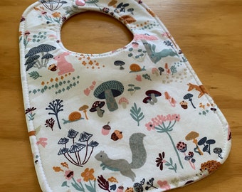 Reversible Baby Bib, Triple Layer, Snap Closure. Baby Forest Animals