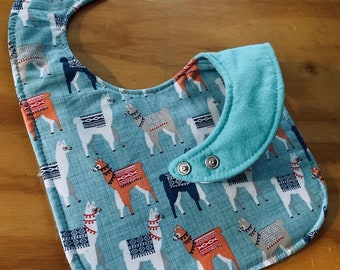 Toddler Size Moisture Proof Bib, Llamas, 4 Layer, Double Snap Closure