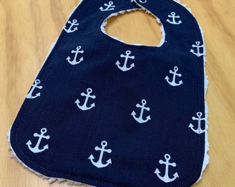 Chenille Back Baby Bib, Snap Closure, Nautical Anchors On Navy