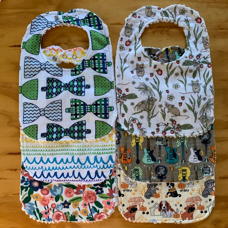 Toddler Bibs, Chenille Backed Flannel, Double Snap Closure, Pick Print image 2