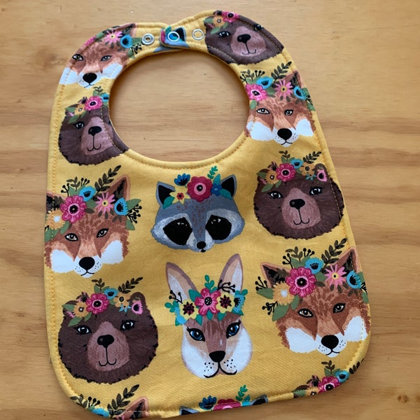 Toddler Size Moisture Proof Bib, Flower Topped Forrest Friends, 4 Layer, Double Snap Closure