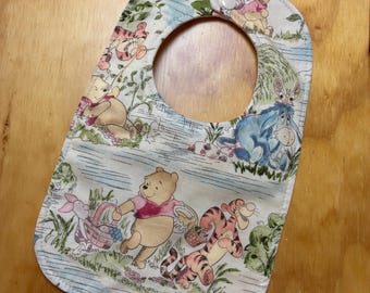 Reversible Baby Bib, Vintage Winnie the Pooh and Friends Triple Layer, Adjustable Snap Closure, ready to ship