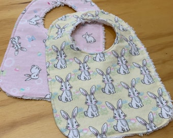 Beautiful Bunnies Flannel and Chenille  Baby Bib Set for Baby Gir, ready to ship