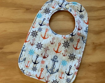 Babero reversible para bebé, anclas, náutico, triple capa, guata, cierre a presión, azul marino, naranja,