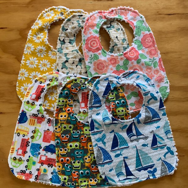 Toddler Bibs, Chenille Backed Flannel, Double Snap Closure, Pick Print