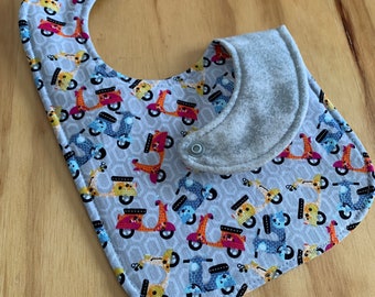 Reversible Baby Baby Bib, Vespa, Scooters, Flannel Back, Triple Layer, Snap Closure, ready to ship