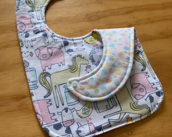 Pastel Farm Animals Baby Bib, Horse, Cow, Pig, Triple Layer, Snap