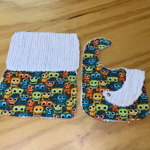 Flannel Burp Cloth and Bib with Chenille Back, Fun Monsters image 2