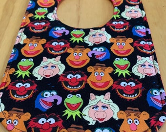 Reversible Baby Bib, Flannel, Triple Layer, Snap Closure, ready to ship, batting, Muppets, Kermit the Frog