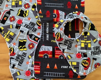 Baby Boy, Two Burp Cloths And One Bib, Fire Trucks, Fire Fighter, Flannel Chenille Snap