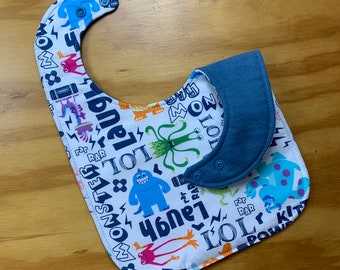 Toddler Size Moisture Proof Bib, Monsters, 4 Layer, Double Snap Closure