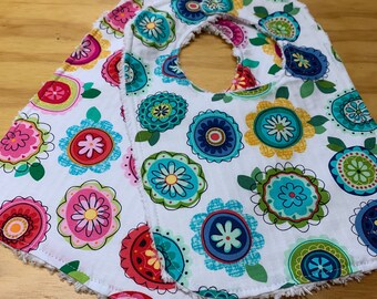 Set of 2 Bright, Modern Floral Baby Girl Bibs, Chenille Back, Snap Closure, ready to ship