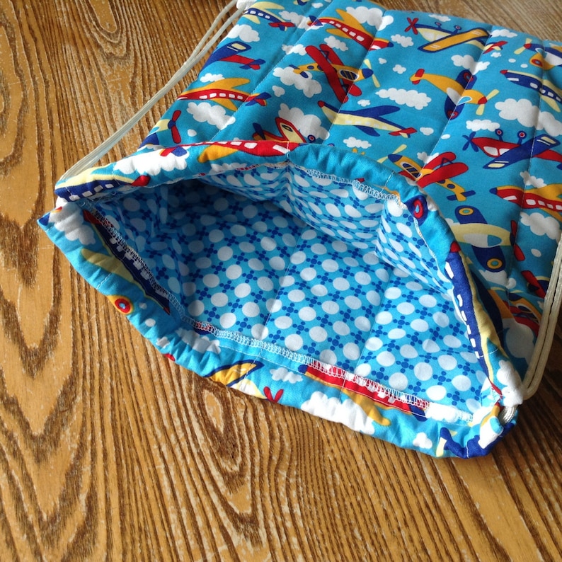 ready to ship Quilted Backpack for Toddler Drawstring Closure Bright Airplanes