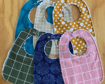Toddler Bibs, Chenille Backed Flannel, Double Snap Closure, Pick Print