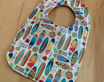 Reversible Baby Bib, Surfboards, Triple Layer, Snap Closure, Flannel, Batting