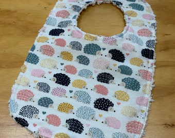 Chenille Back Baby Bib, Snap Closure, Sweet Hedgehogs