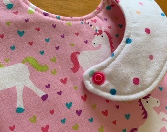 Reversible Baby Bib, Triple Layer, Snap Closure, Sweet Unicorns