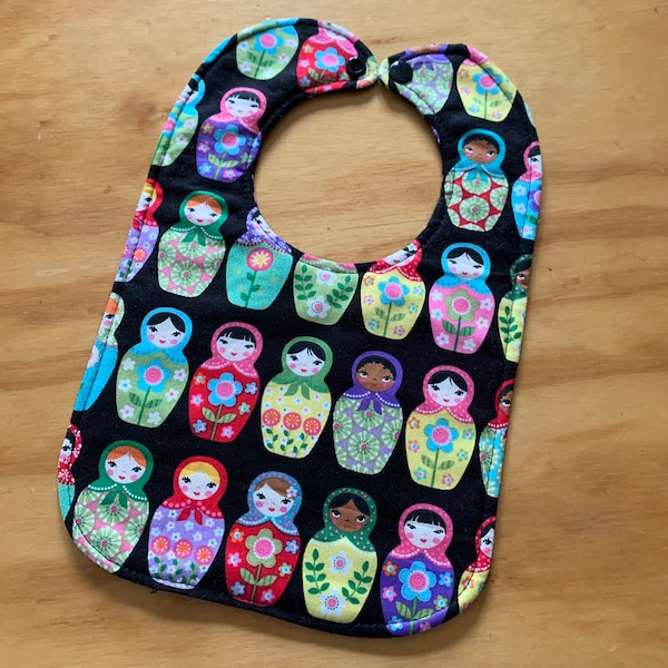 Reversible Matryoshka Dolls Baby Girl Bib, Triple Layer, Snap Closure, ready to ship