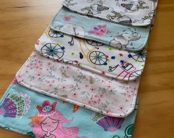 Flannel Burp Cloth Set, Triple Layer, Contoured, Newborn, Girl, Mermaid, Elephant, Bikes, Ready to Ship