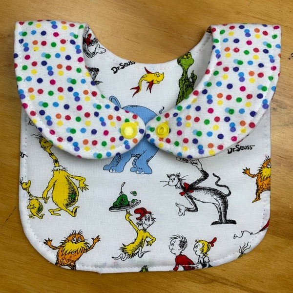 Reversible Baby Bib, Triple Layer, Snap Closure, ready to ship, batting, Dr. Seuss