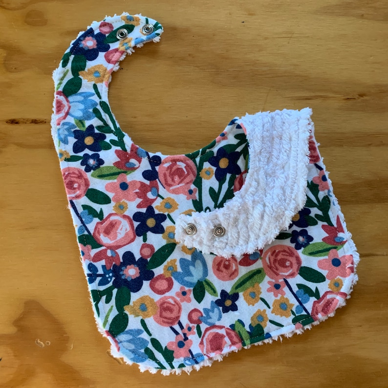 Toddler Bibs, Chenille Backed Flannel, Double Snap Closure, Pick Print Floral