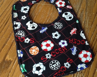 Chenille Back Baby Boy Bib, Snap Closure, Soccer, Sports, Cute, ready to ship