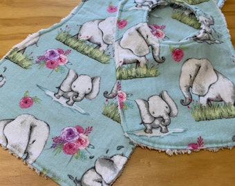 Flannel and Chenille Burp Cloth and Bib Set, Elephant Mommy and Baby, snap, Baby Girl