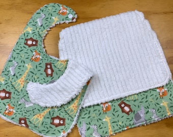 Chenille Back Burp Cloth and Snap Bib, Girl or Boy, Safari Animals, ready to ship