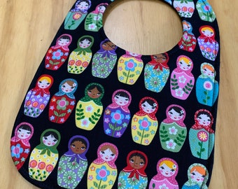 Moisture Proof Toddler Bib, 8 1/2 x 12 1/2 inches, Nesting Dolls, 4 Layer, Double Snap Closure