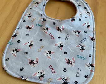 Reversible Baby Bib, Dogs, Boston Terriers, Flannel Triple Layer, Snap, ready to ship