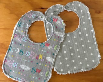 Flannel Bib Set for Baby, With Chenille Back,  Adjustable Snap Closure