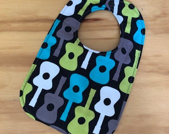 Reversible Baby Bib, Triple Layer, Snap Closure.  Modern Guitars