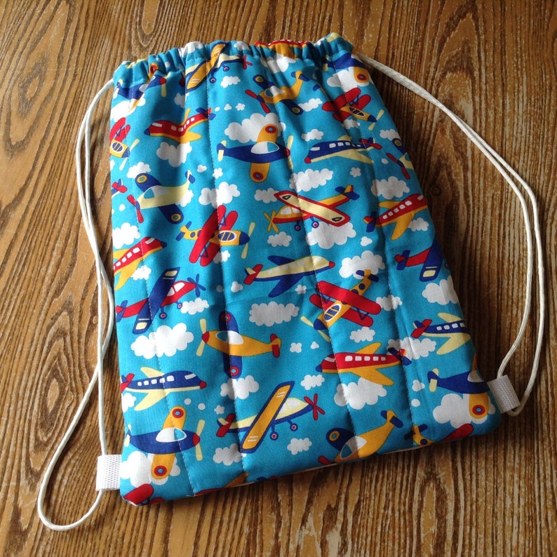 ready to ship Quilted Backpack for Toddler Drawstring Closure Bright Airplanes