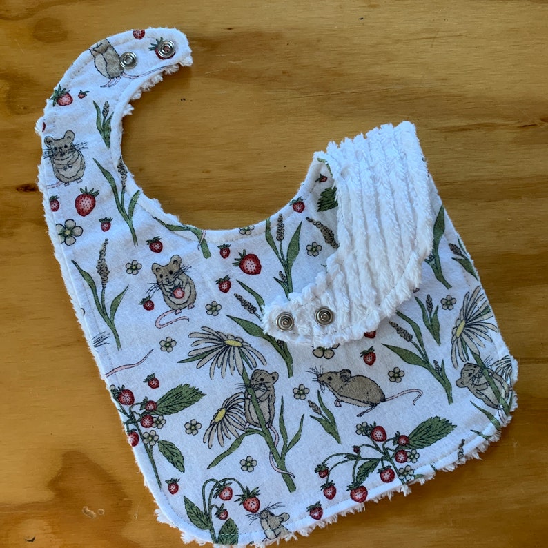 Toddler Bibs, Chenille Backed Flannel, Double Snap Closure, Pick Print Field Mice