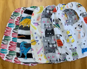 Big Kid Bibs, 10 x 13 1/2 inches, Flannel & Chenille, Choose Print, Large Bibs, Fits 5-8 Years, Special Needs