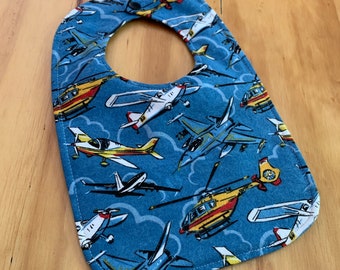 Airplane Reversible Baby Bib, Triple Layer, Snap Closure.  Flying Machines