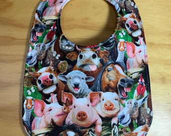 Toddler Size Moisture Proof Bib, Farm Animal Selfie, 4 Layer, Double Snap Closure