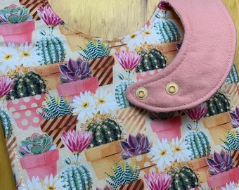 Toddler Size Moisture Proof Bib, 8 1/2 x 12 inches,  Blooming Succulents, 4 Layer, Double Snap Closure