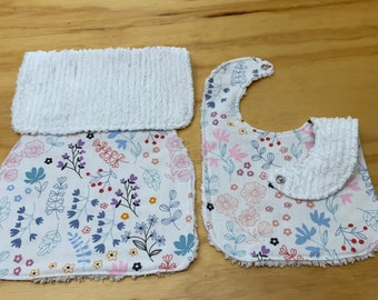 Flannel And Chenille Burp Cloth and Snap Bib, Girl, Flowers, ready to ship