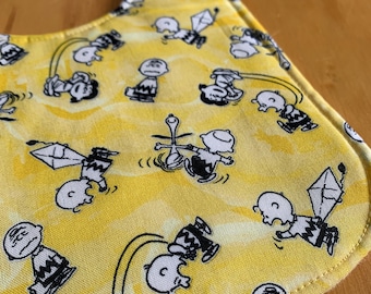 Reversible Baby Bib, Flannel, Triple Layer, Snap Closure, ready to ship, batting, snoopy, Charlie Brown, Peanuts