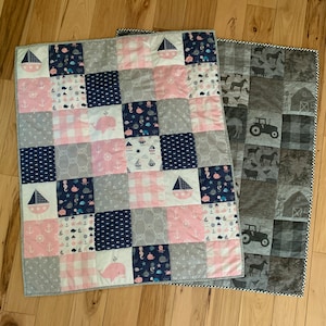 Baby Quilt, 34 x 40 Inches.  Minky Back, Choose Farm or Sailing