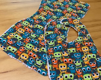 Flannel Burp Cloth and Bib with Chenille Back, Fun Monsters