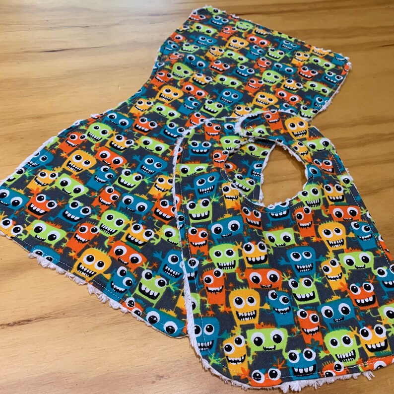 Flannel Burp Cloth and Bib with Chenille Back, Fun Monsters image 1