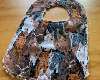 Flannel & Chenille Baby Bib, Snap Closure, Horses, ready to ship