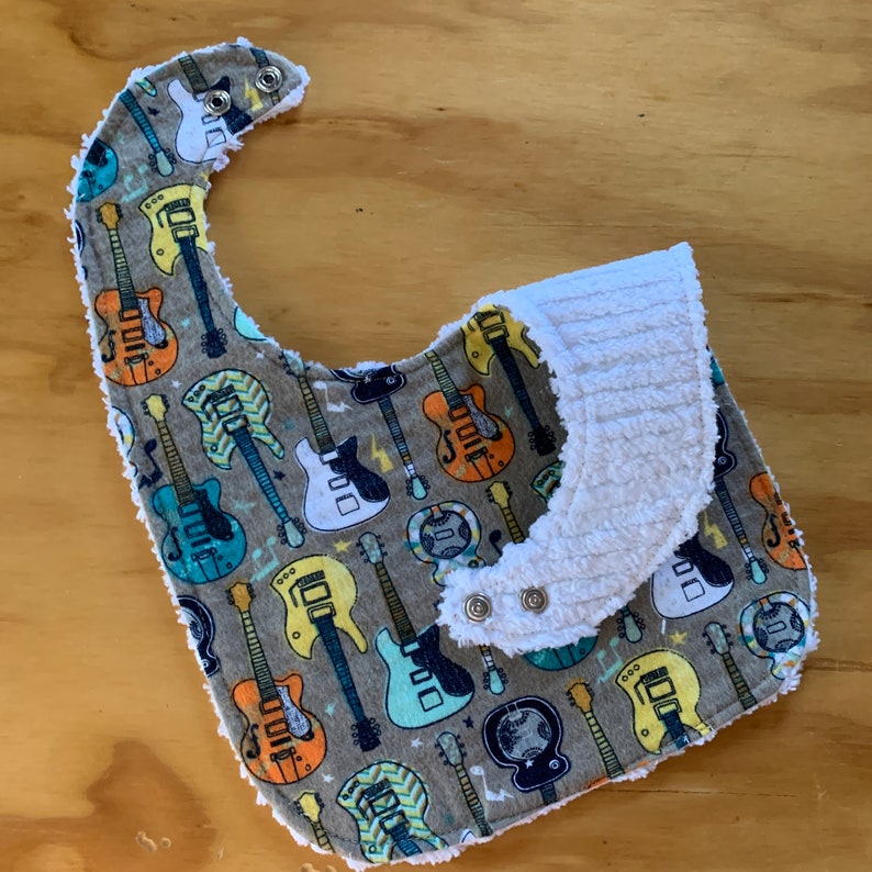 Toddler Bibs, Chenille Backed Flannel, Double Snap Closure, Pick Print Guitars